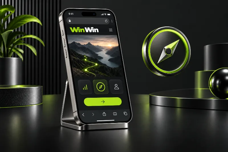 win win download guide illustrated by an iPhone and browser compass