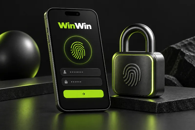 win win bet app login concept with a fingerprint and security lock